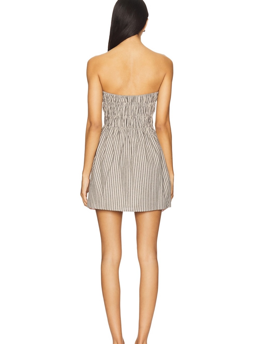 Smocked Strapless Mini Dress in Beige Stripe - Picture 3 of 3